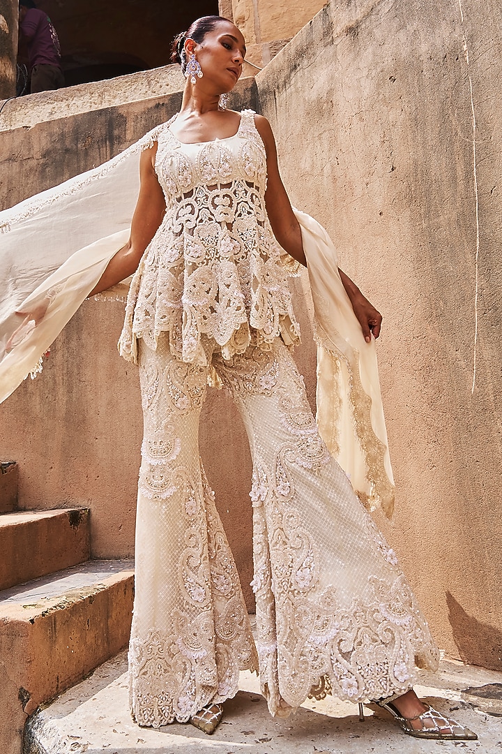 Ivory Net & Organza Hand Embroidered Peplum Kurta Set by Ridhima Bhasin at Pernia's Pop Up Shop