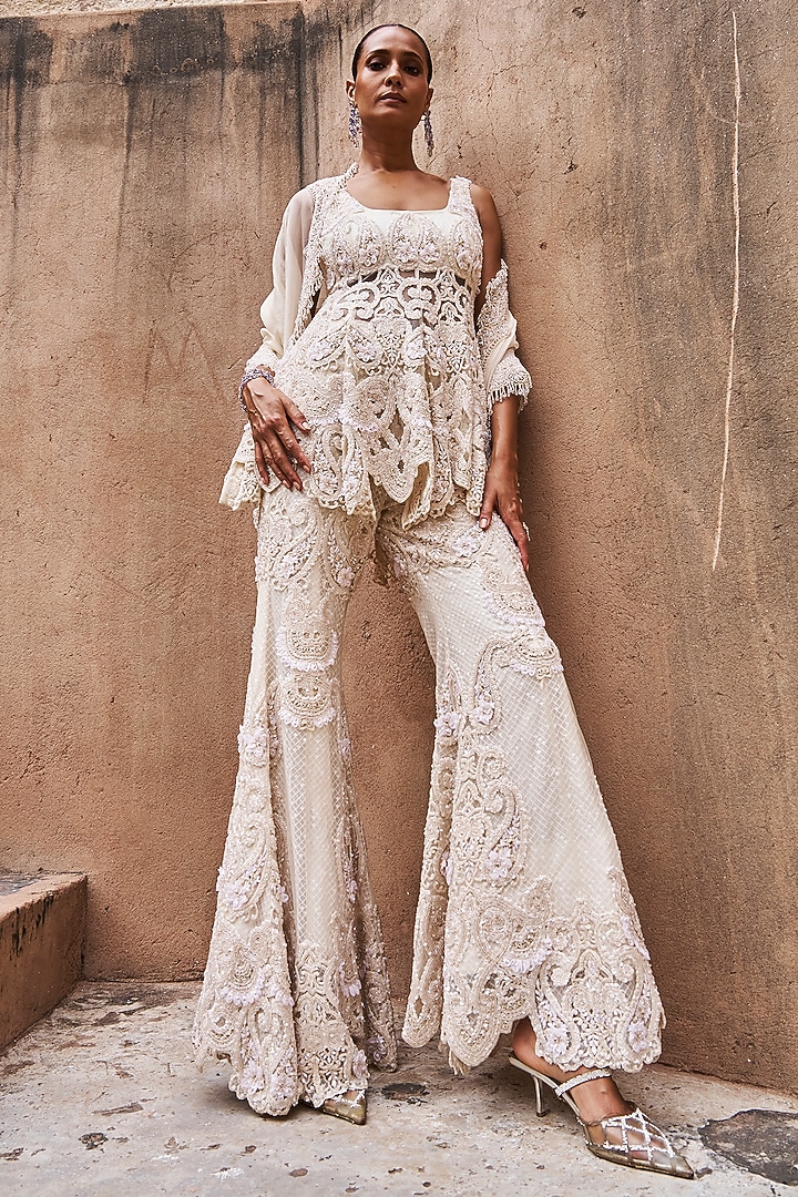 Ivory Net & Organza Hand Embroidered Peplum Kurta Set by Ridhima Bhasin at Pernia's Pop Up Shop