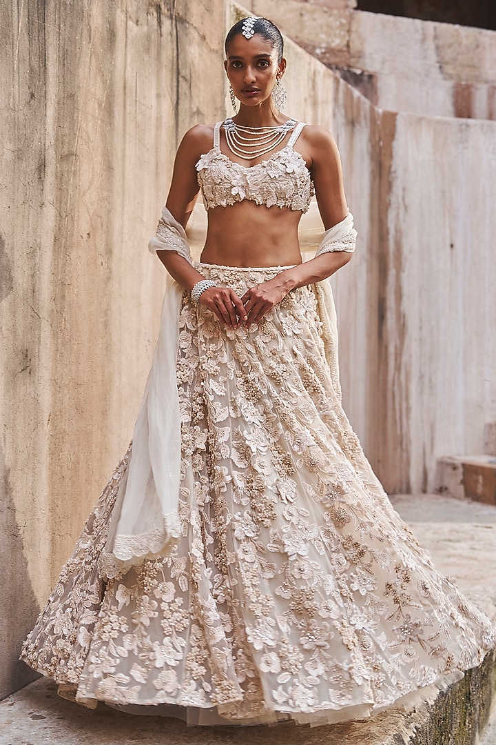 Ivory Net & Organza Embroidered Bridal Lehenga Set by Ridhima Bhasin at Pernia's Pop Up Shop