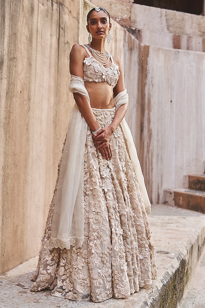Ivory Net & Organza Embroidered Bridal Lehenga Set by Ridhima Bhasin at Pernia's Pop Up Shop