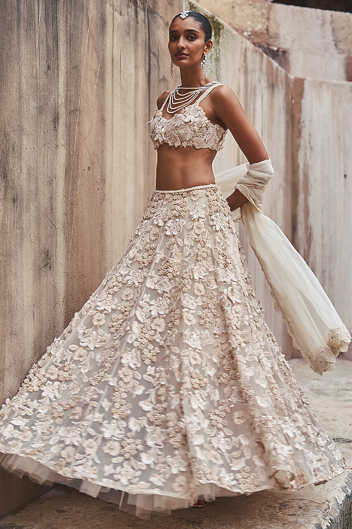 Ivory Net & Organza Embroidered Bridal Lehenga Set by Ridhima Bhasin at Pernia's Pop Up Shop