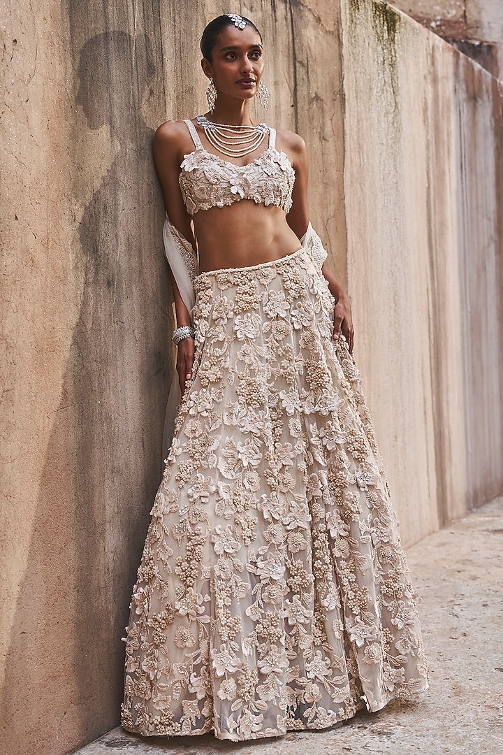Ivory Net & Organza Embroidered Bridal Lehenga Set by Ridhima Bhasin at Pernia's Pop Up Shop