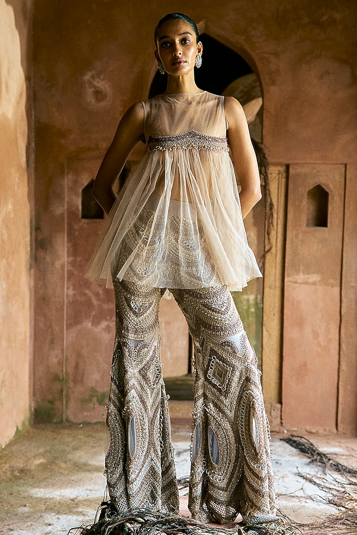 Grey Net Embroidered Pant Set by Ridhima Bhasin at Pernia's Pop Up Shop