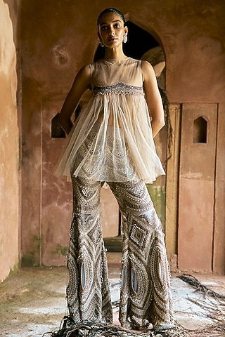 Grey Net Embroidered Pant Set by Ridhima Bhasin