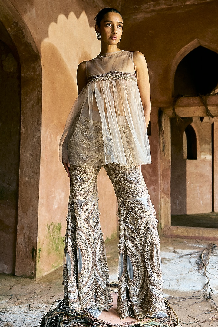Grey Net Embroidered Pant Set by Ridhima Bhasin at Pernia's Pop Up Shop
