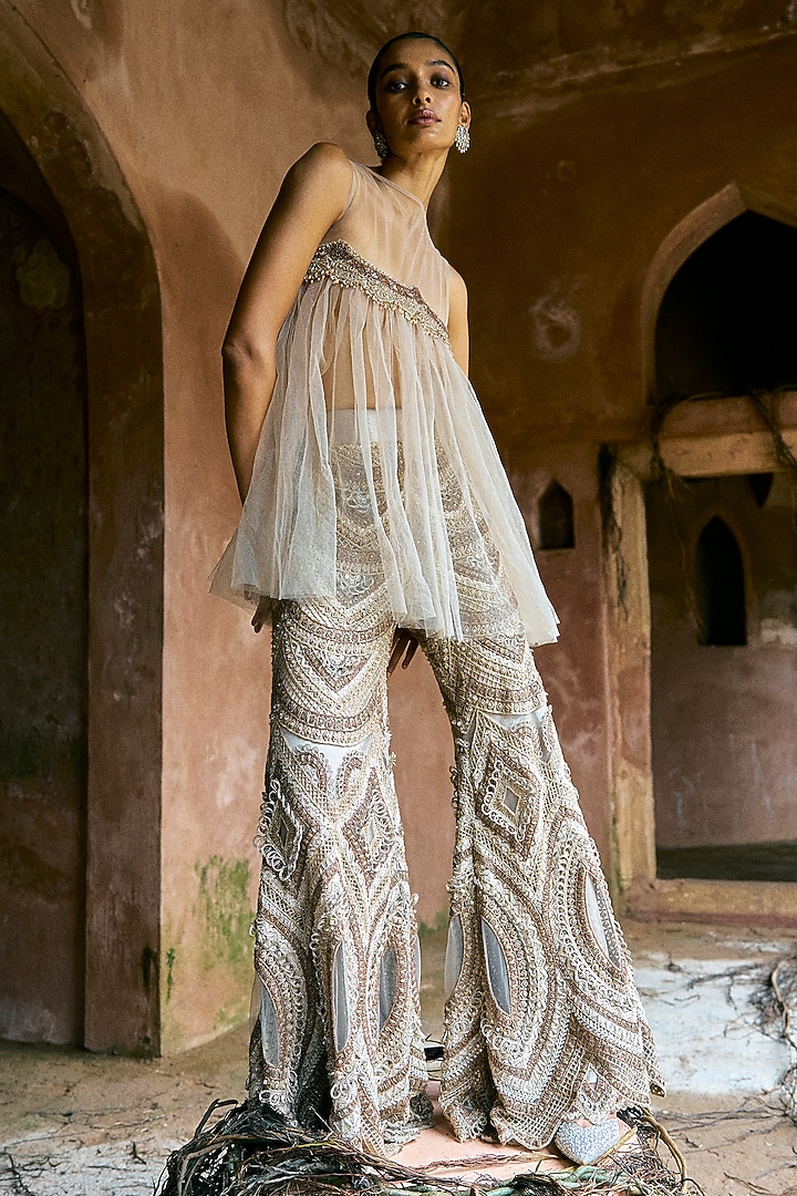 Grey Net Embroidered Pant Set by Ridhima Bhasin at Pernia's Pop Up Shop