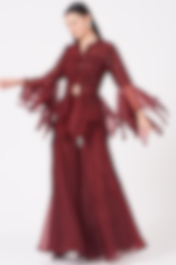 Reddish Maroon Tulle Wedding Sharara Set by Ridhima Bhasin at Pernia's Pop Up Shop
