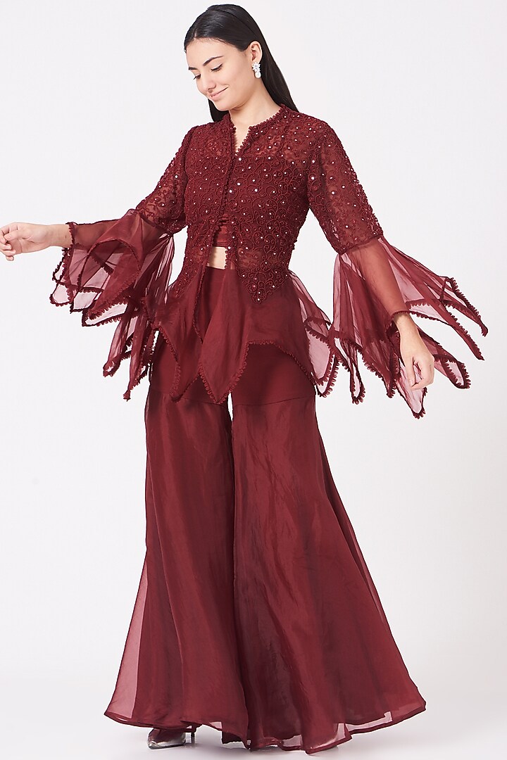 Reddish Maroon Tulle Wedding Sharara Set by Ridhima Bhasin at Pernia's Pop Up Shop