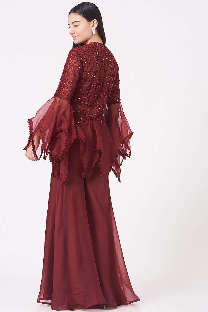 Reddish Maroon Tulle Wedding Sharara Set by Ridhima Bhasin at Pernia's Pop Up Shop