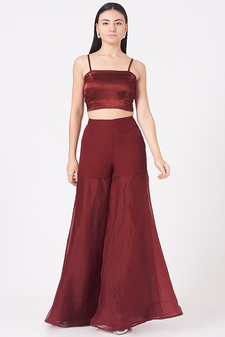Reddish Maroon Tulle Wedding Sharara Set by Ridhima Bhasin at Pernia's Pop Up Shop