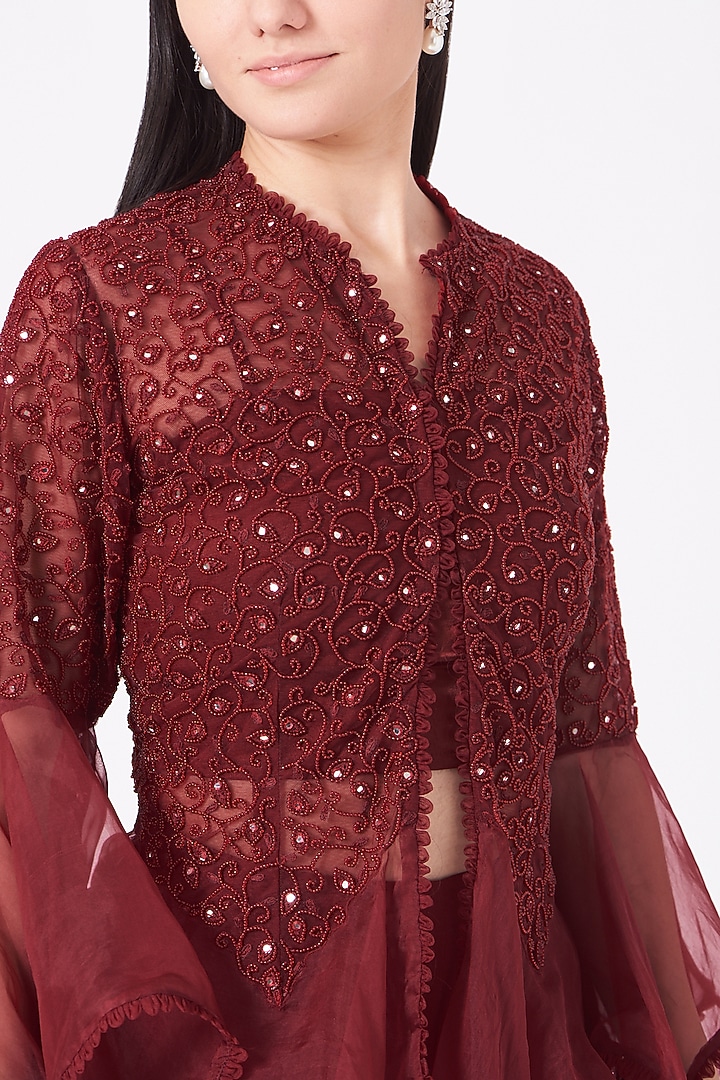 Reddish Maroon Tulle Wedding Sharara Set by Ridhima Bhasin at Pernia's Pop Up Shop