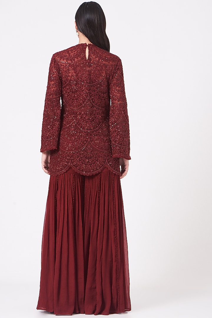 Reddish Maroon Organza Wedding Sharara Set by Ridhima Bhasin at Pernia's Pop Up Shop