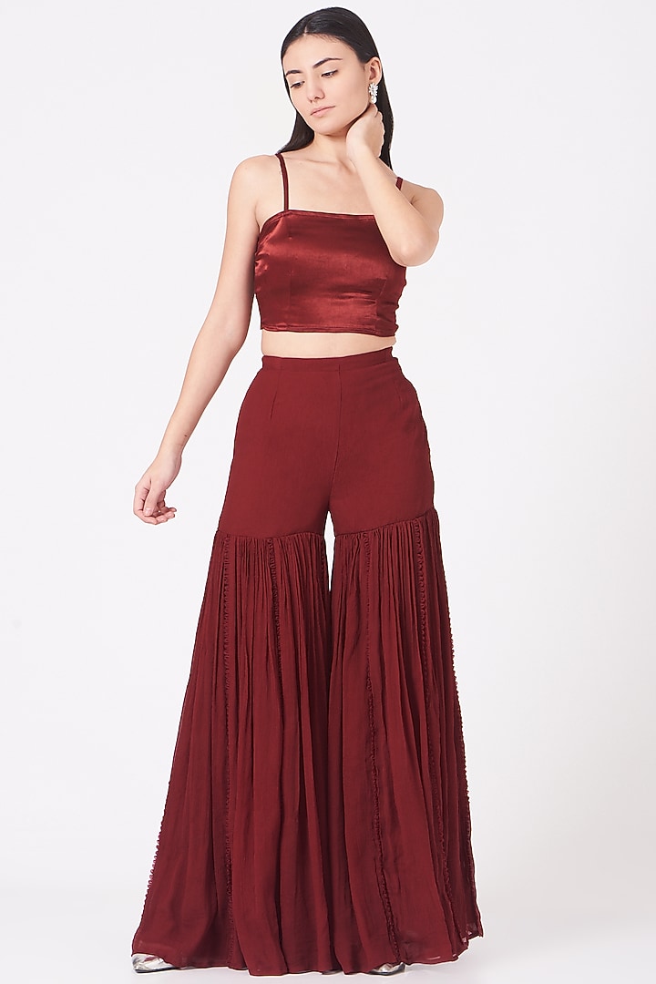 Reddish Maroon Organza Wedding Sharara Set by Ridhima Bhasin at Pernia's Pop Up Shop
