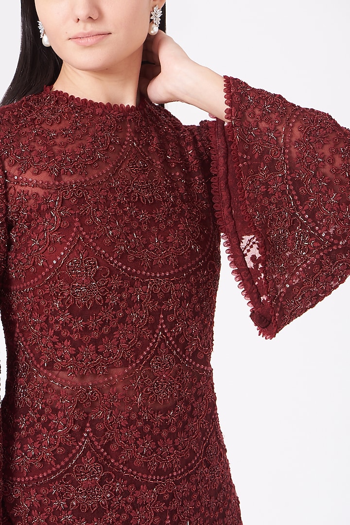 Reddish Maroon Organza Wedding Sharara Set by Ridhima Bhasin at Pernia's Pop Up Shop