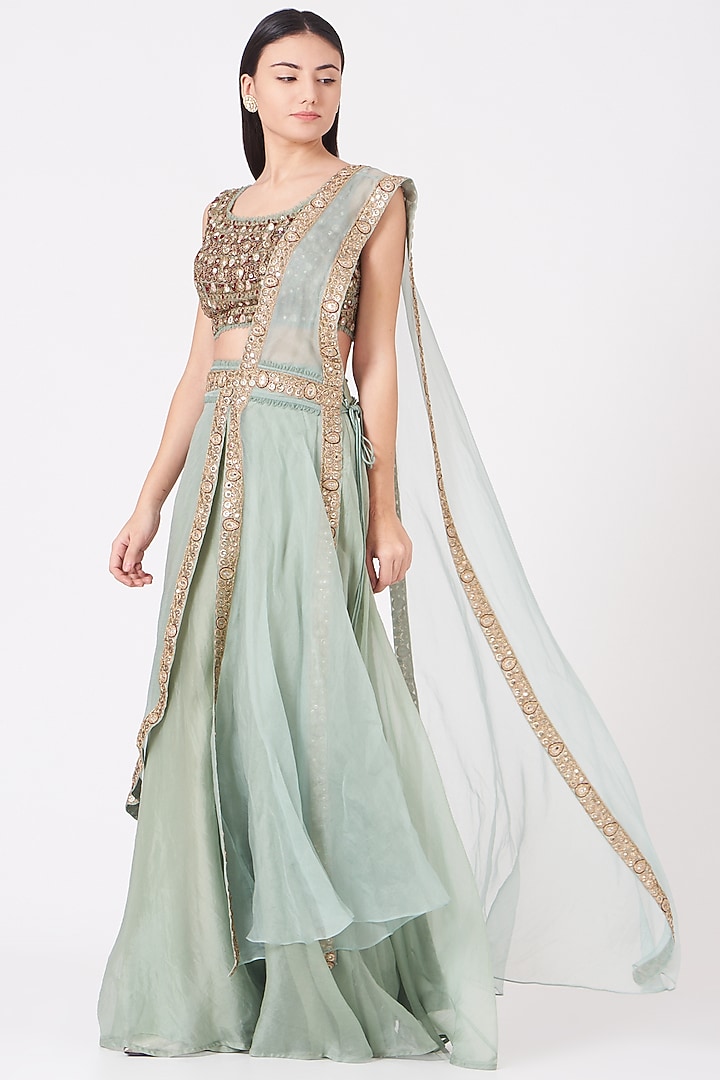 Aqua Blue Pre-Draped Sharara Wedding Saree Set by Ridhima Bhasin at Pernia's Pop Up Shop