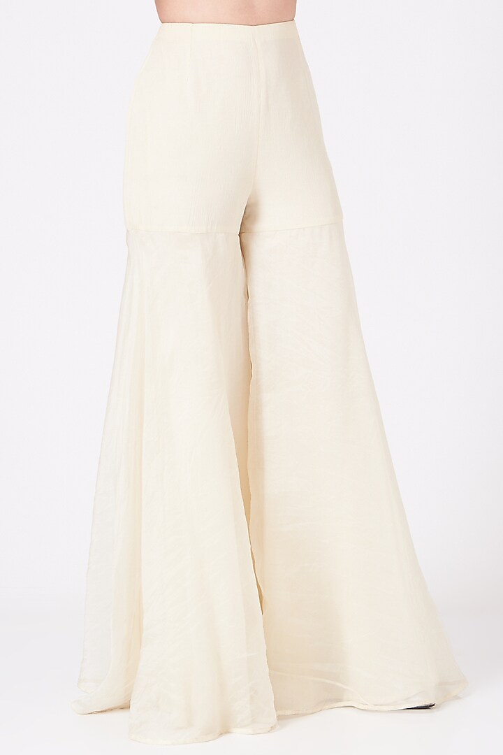 Ivory Dupion Silk Pre-Draped Sharara Wedding Saree Set by Ridhima Bhasin at Pernia's Pop Up Shop
