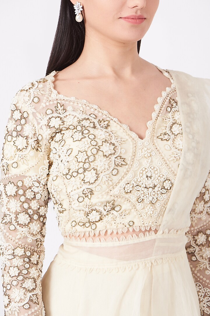 Ivory Dupion Silk Pre-Draped Sharara Wedding Saree Set by Ridhima Bhasin at Pernia's Pop Up Shop