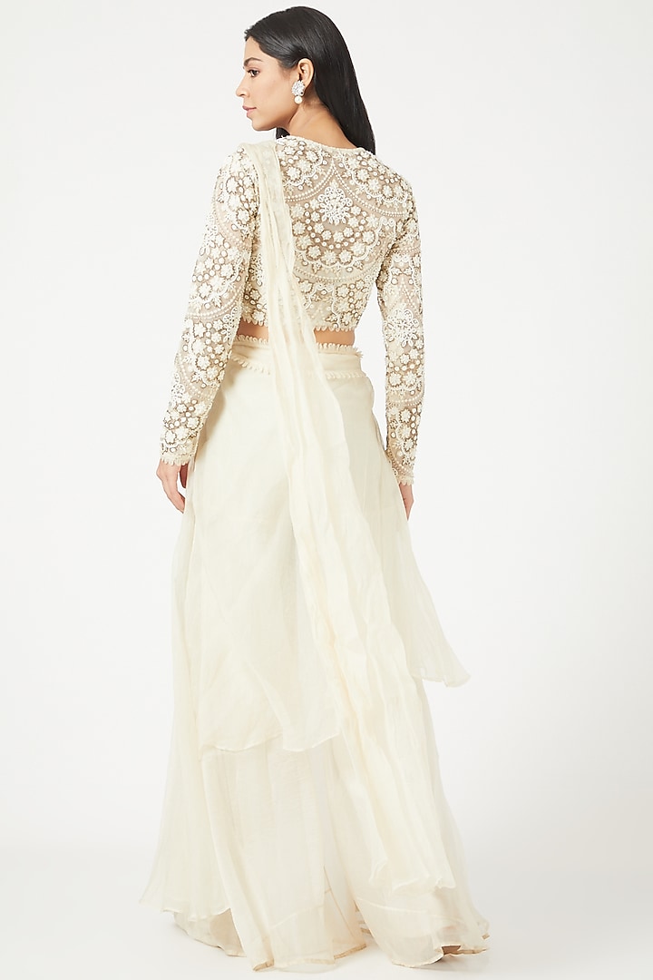 Ivory Organza Sharara Wedding Saree Set by Ridhima Bhasin at Pernia's Pop Up Shop