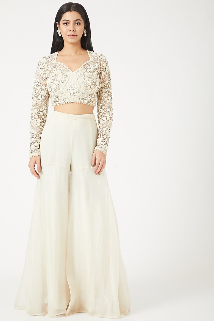 Ivory Organza Sharara Wedding Saree Set by Ridhima Bhasin at Pernia's Pop Up Shop
