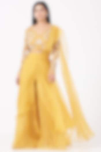 Sunshine Yellow Organza Sharara Wedding Saree Set by Ridhima Bhasin at Pernia's Pop Up Shop