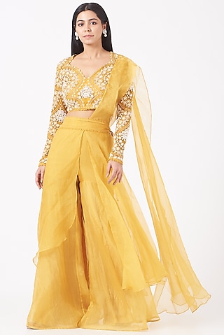 Sunshine Yellow Organza Sharara Saree Set by Ridhima Bhasin