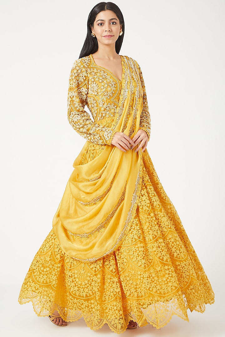 Sunshine Yellow Embroidered Anarkali Set by Ridhima Bhasin at Pernia's Pop Up Shop