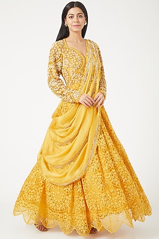 Sunshine Yellow Embroidered Anarkali Set by Ridhima Bhasin