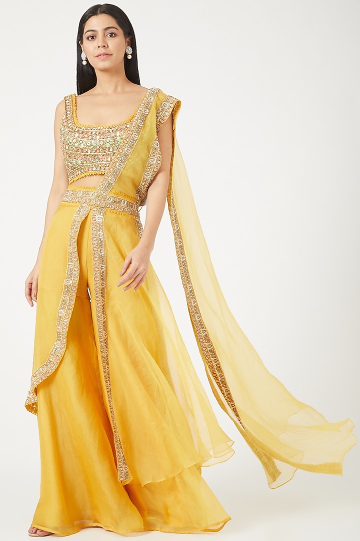 Sunshine Yellow Embroidered Sharara Saree Set by Ridhima Bhasin