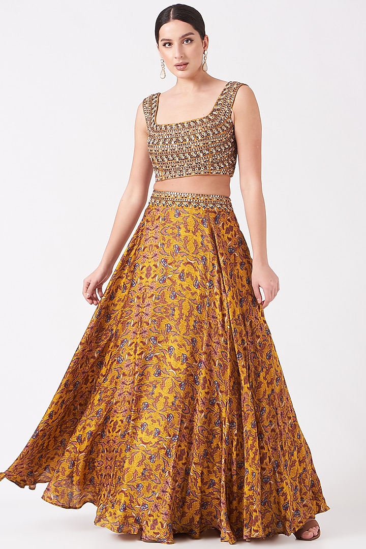Mustard Printed Organza Wedding Lehenga Set by Ridhima Bhasin at Pernia's Pop Up Shop