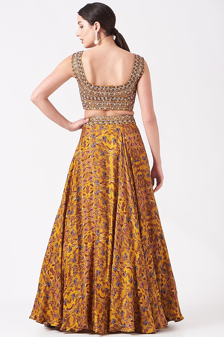 Mustard Printed Organza Wedding Lehenga Set by Ridhima Bhasin at Pernia's Pop Up Shop