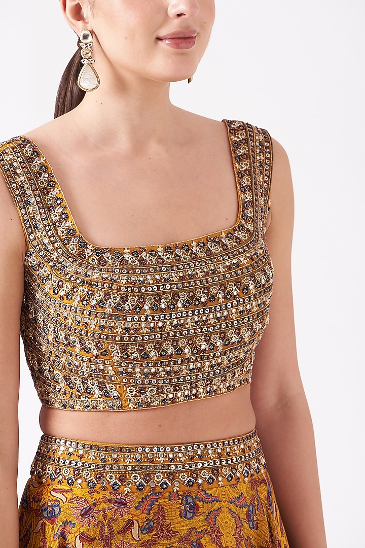 Mustard Printed Organza Wedding Lehenga Set by Ridhima Bhasin at Pernia's Pop Up Shop