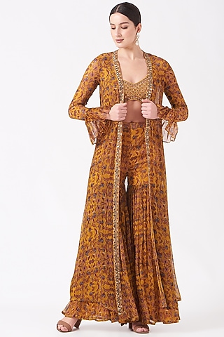 Mustard Printed Georgette Sharara Set by Ridhima Bhasin