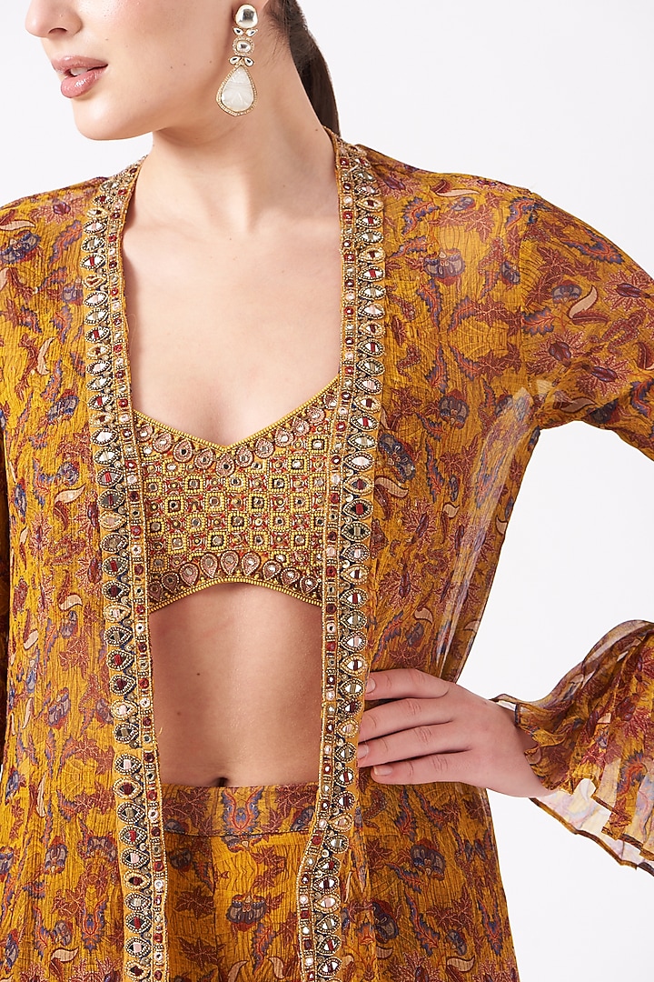 Mustard Printed Georgette Wedding Sharara Set by Ridhima Bhasin at Pernia's Pop Up Shop