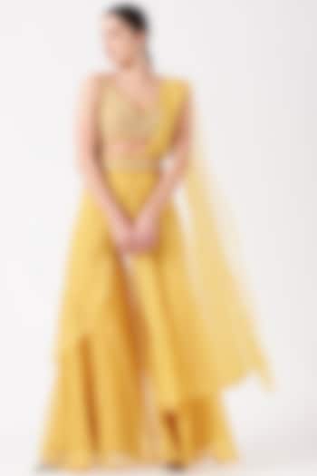 Sunshine Yellow Embroidered Sharara Wedding Saree Set by Ridhima Bhasin at Pernia's Pop Up Shop