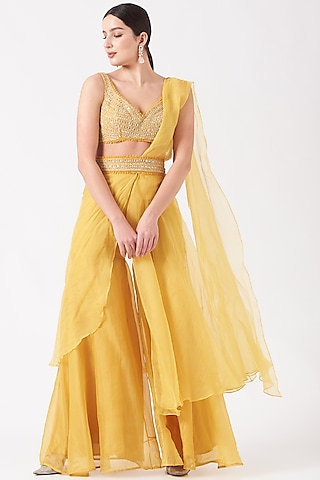 Sunshine Yellow Embroidered Sharara Saree Set by Ridhima Bhasin
