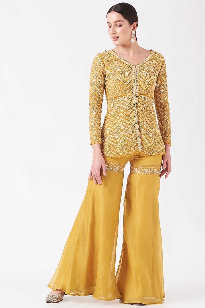 Sunshine Yellow Hand Embroidered Bridal Sharara Set by Ridhima Bhasin at Pernia's Pop Up Shop