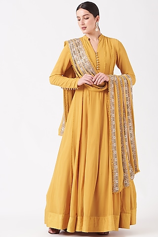 Mustard Silk Anarkali Set by Ridhima Bhasin