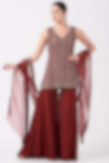 Reddish Maroon Hand Embroidered Bridal Sharara Set by Ridhima Bhasin at Pernia's Pop Up Shop