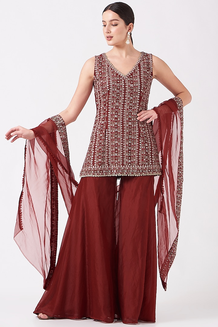 Reddish Maroon Hand Embroidered Bridal Sharara Set by Ridhima Bhasin at Pernia's Pop Up Shop