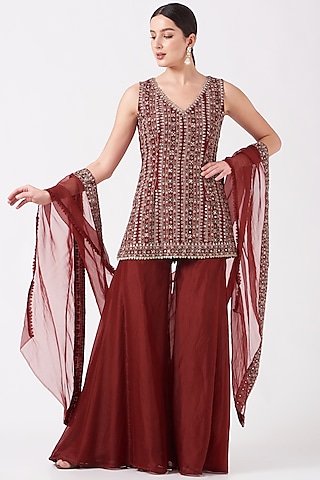 Reddish Maroon Hand Embroidered Sharara Set by Ridhima Bhasin