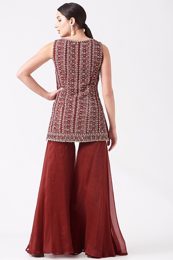 Reddish Maroon Hand Embroidered Bridal Sharara Set by Ridhima Bhasin at Pernia's Pop Up Shop