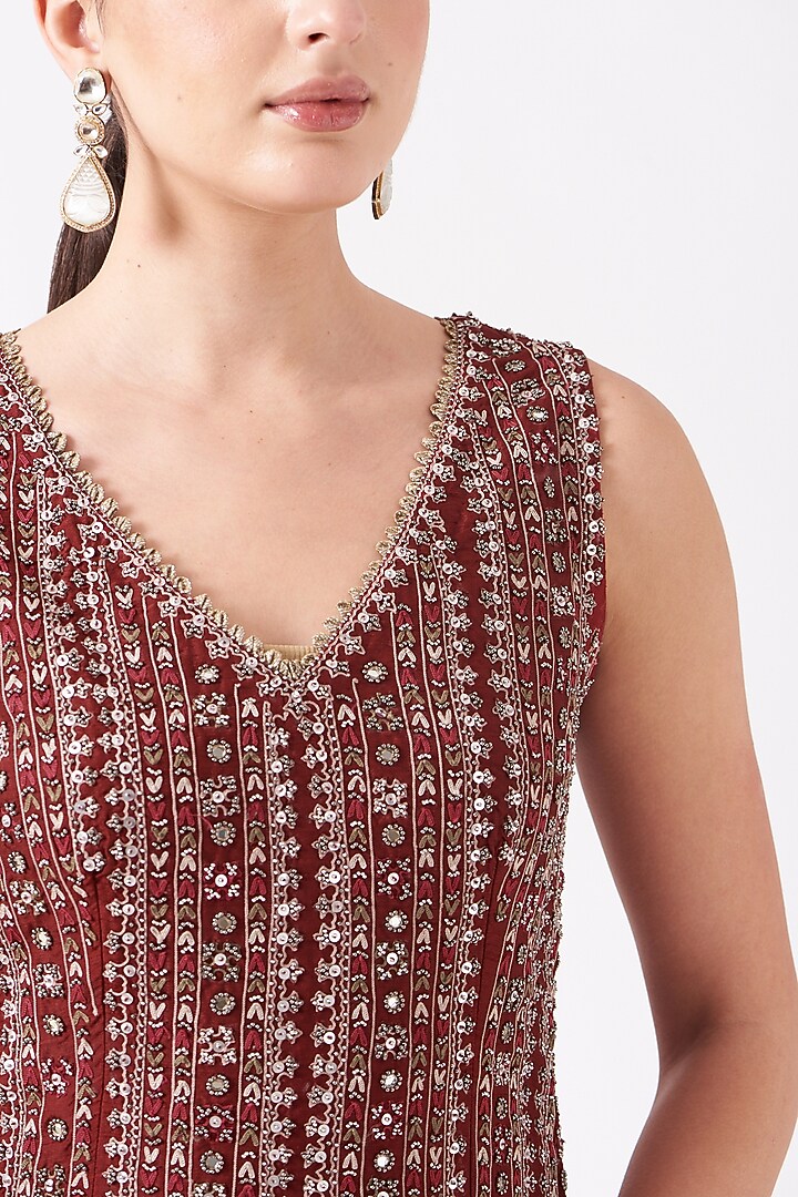 Reddish Maroon Hand Embroidered Bridal Sharara Set by Ridhima Bhasin at Pernia's Pop Up Shop