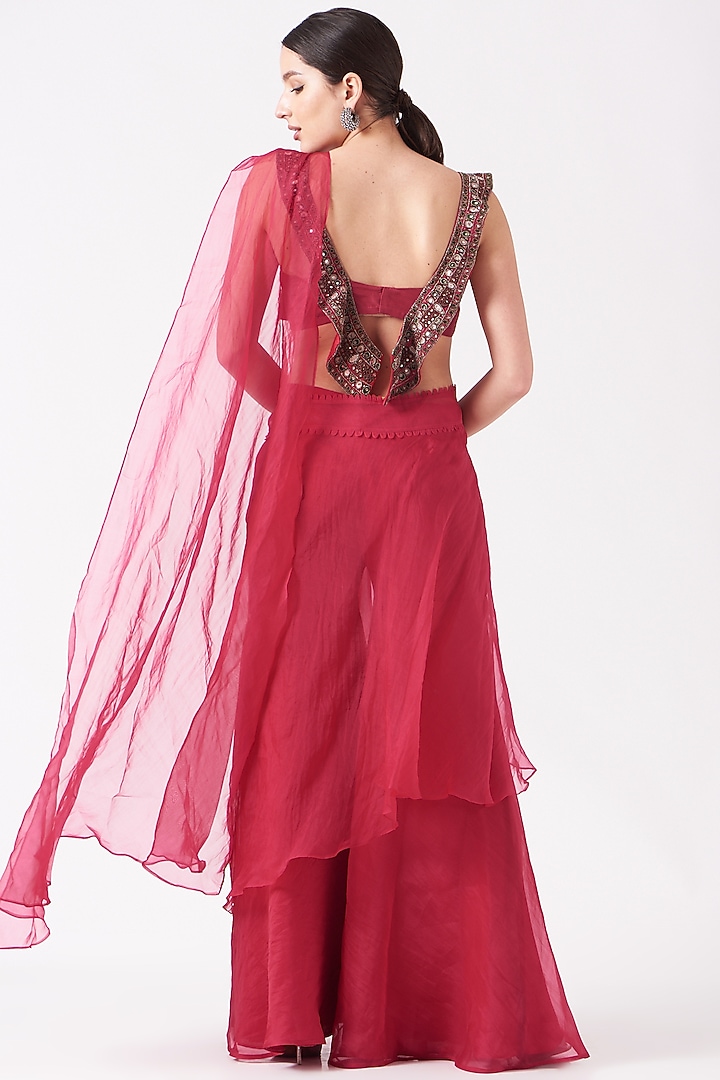 Red Chiffon Sharara Wedding Saree Set by Ridhima Bhasin at Pernia's Pop Up Shop
