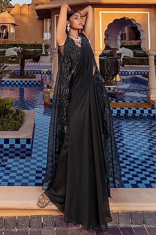 Black Satin Pre-Draped Saree Set by Ridhima Bhasin