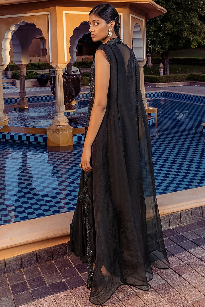 Black Satin Pre-Draped Reception Saree Set by Ridhima Bhasin at Pernia's Pop Up Shop