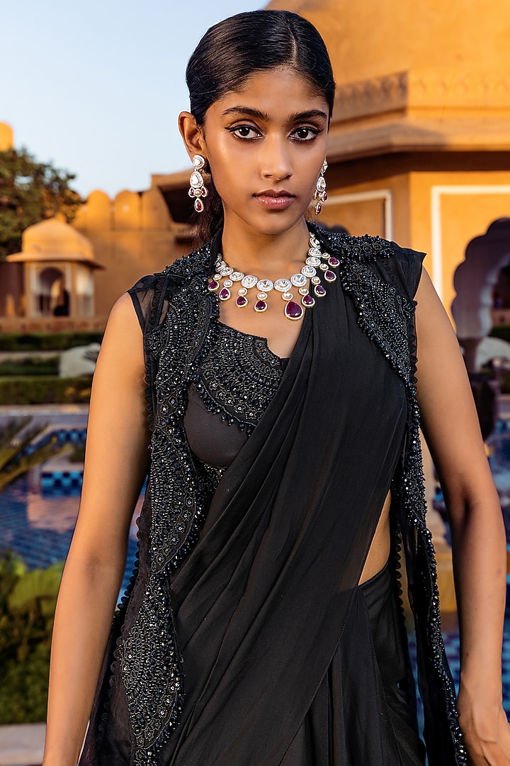 Black Satin Pre-Draped Reception Saree Set by Ridhima Bhasin at Pernia's Pop Up Shop