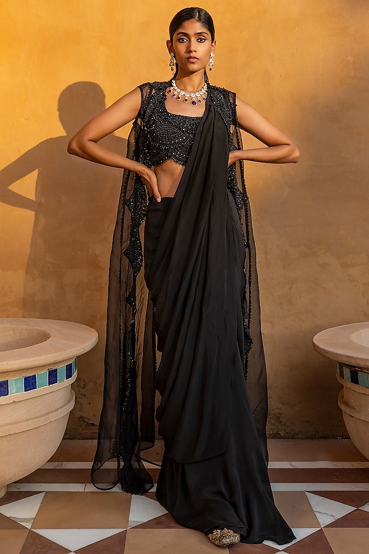 Black Satin Embellished Pre-Draped Saree Set by Ridhima Bhasin