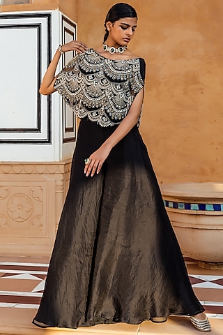 Black Organza Cape Set by Ridhima Bhasin
