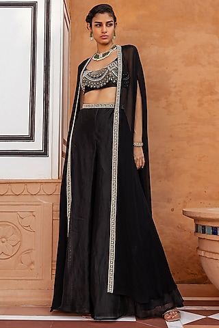 Black Embellished Cape Set by Ridhima Bhasin