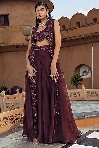 Plum Organza Embellished Jacket Set by Ridhima Bhasin